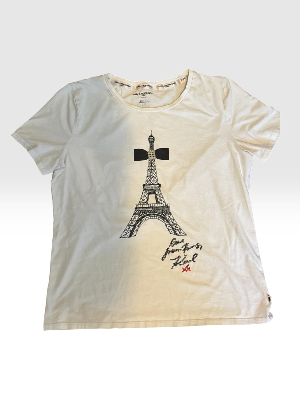 Karl Lagerfeld White Short-Sleeve Tee with Eiffel Tower Graphic